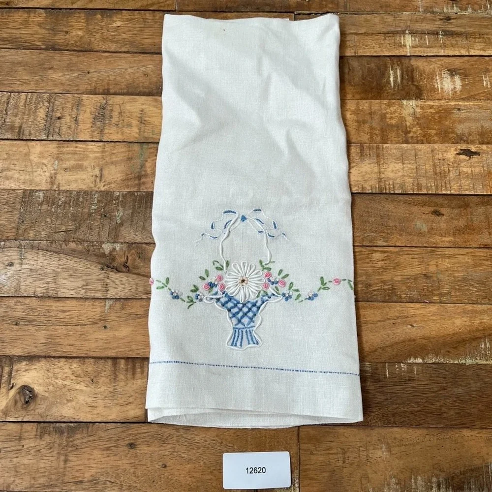 White Kitchen Dish Towel 17 x 28 in Hand-Embroidered Floral Basket Cross-Stitch